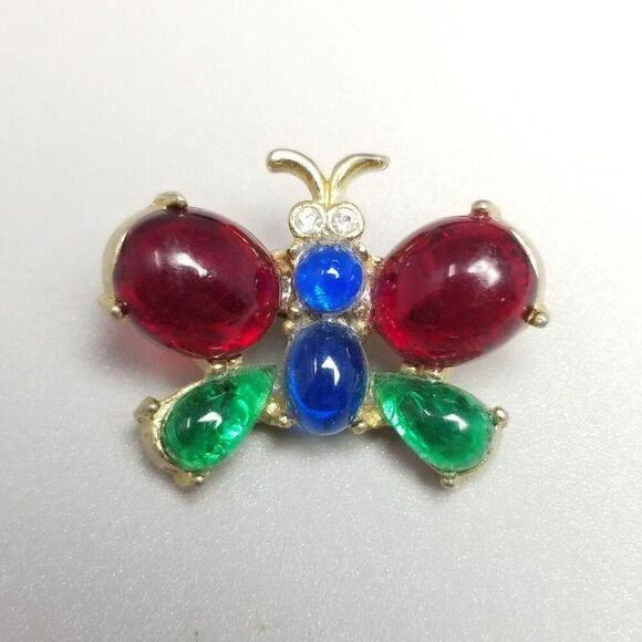 Vintage Coro Butterfly Cabochon Rhinestone Brooch, Gold Tone 1940s Lapel Pin - Picture 2 of 7